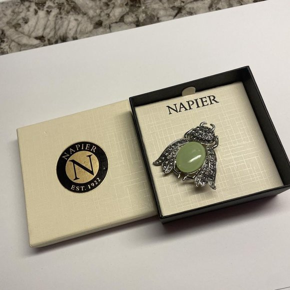 Napier Costume Jewelry Brooch Silver Tone Green Beetle Bug Rhinestone Insect - Picture 9 of 11